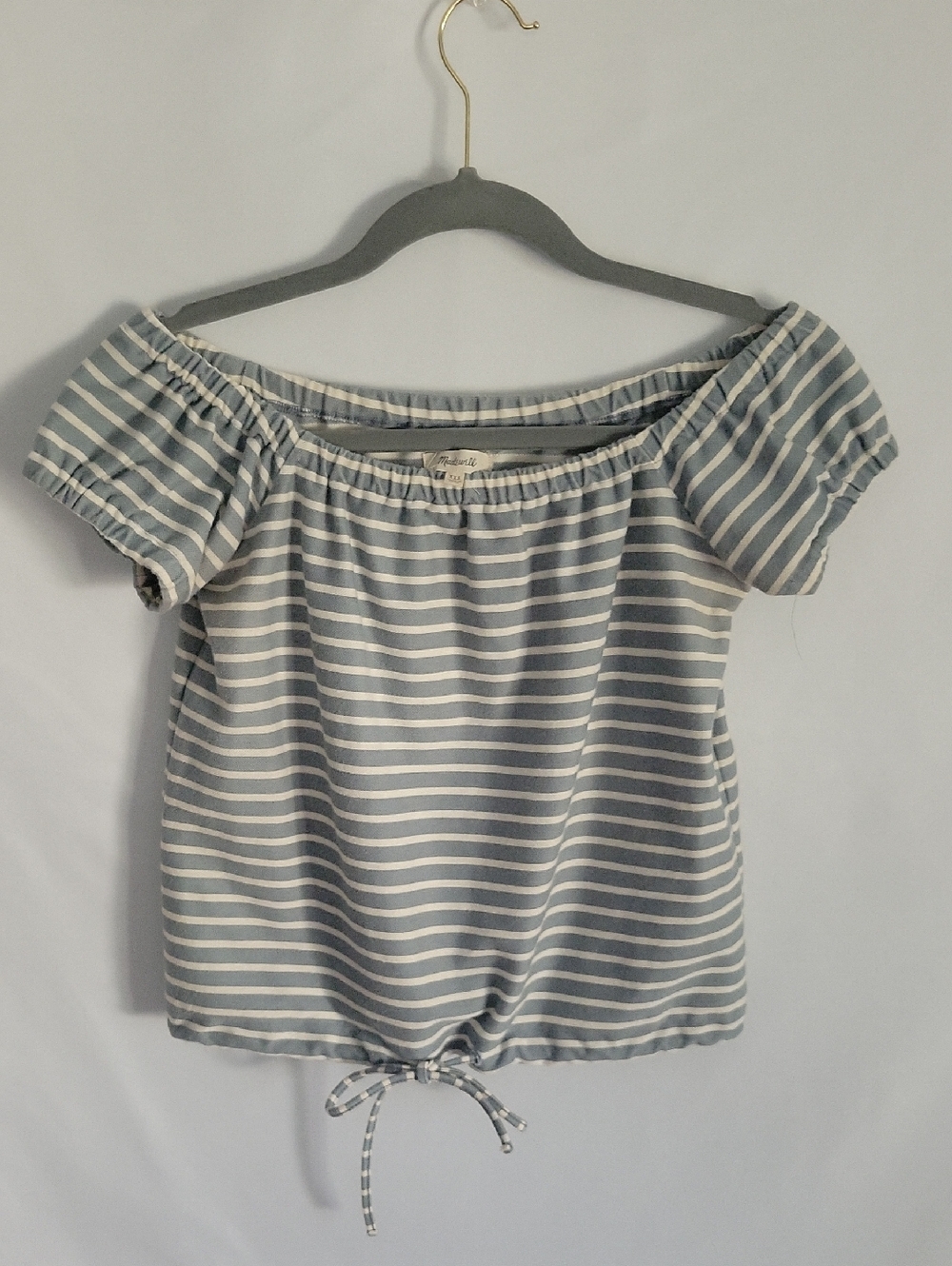 Madewell Womens Top XXSmall Blue & Cream Color Cap Sleeve Drawstring at Waist.